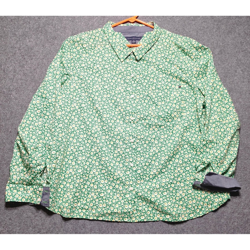 Tommy Hilfiger Womens XXL Green Daisy Floral Button Down Long Sleeve Shirt